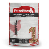 PureBites pechuga de pollo deshidratada, ingrediente único para perros activos.