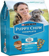 Purina Chow para cachorros frente a bolsa muestra nutrición completa para cachorros