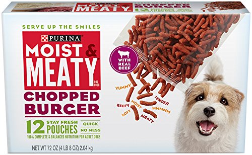 Purina Moist & Meaty trozos-hamburguesa visibles para perros adultos.