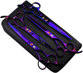 Kit Purple Dragon de grooming para mascotas con estuche, organización profesional y accesibilidad.