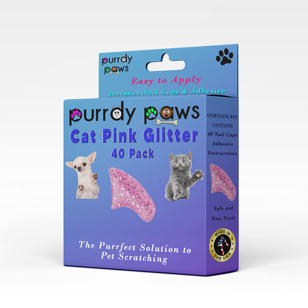 Purrdy Paws cápsulas para uñas rosas brillantes, protección de muebles y uso seguro.