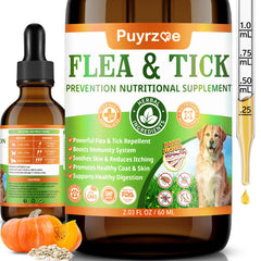 Puyrzoe: frasco de gotas para dosis, ayuda a prevenir pulgas y garrapatas en perros.