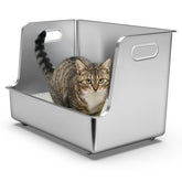Caja PWTAA para gatos con entrada amplia en acero inoxidable, acceso fácil.