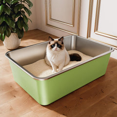 Bandeja Qiuma en acero inoxidable grande para gatos, ofrece amplio espacio para varios felinos.