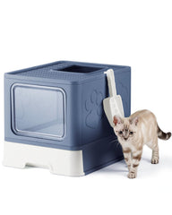 Qualasision caja de arena cubierta azul entrada superior facilita limpieza diaria del gato