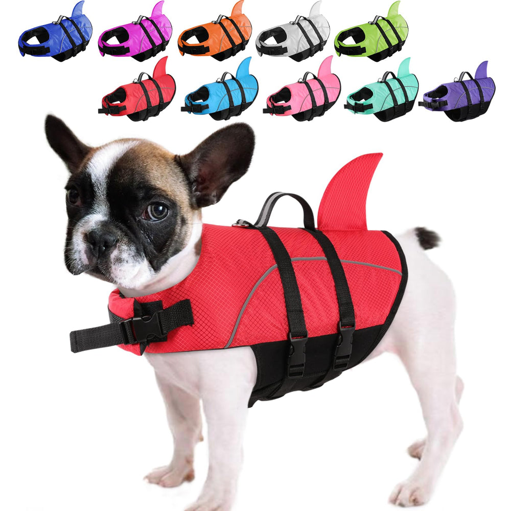 Queenmore chaleco salvavidas para perro con tiburón, ideal para natación segura.