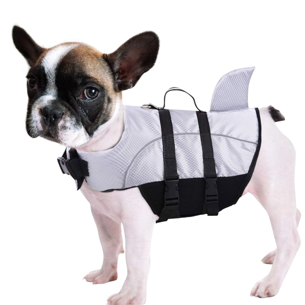 Queenmore chaqueta salvavidas para perro con aleta de tiburón gris, ideal para paseos en barco.