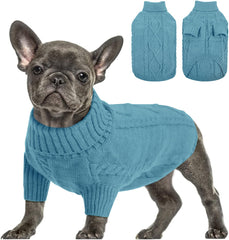 Queenmore sudadera para perros pequeños, vista frontal con punto trenza y color azul pavo real, cálida y suave.