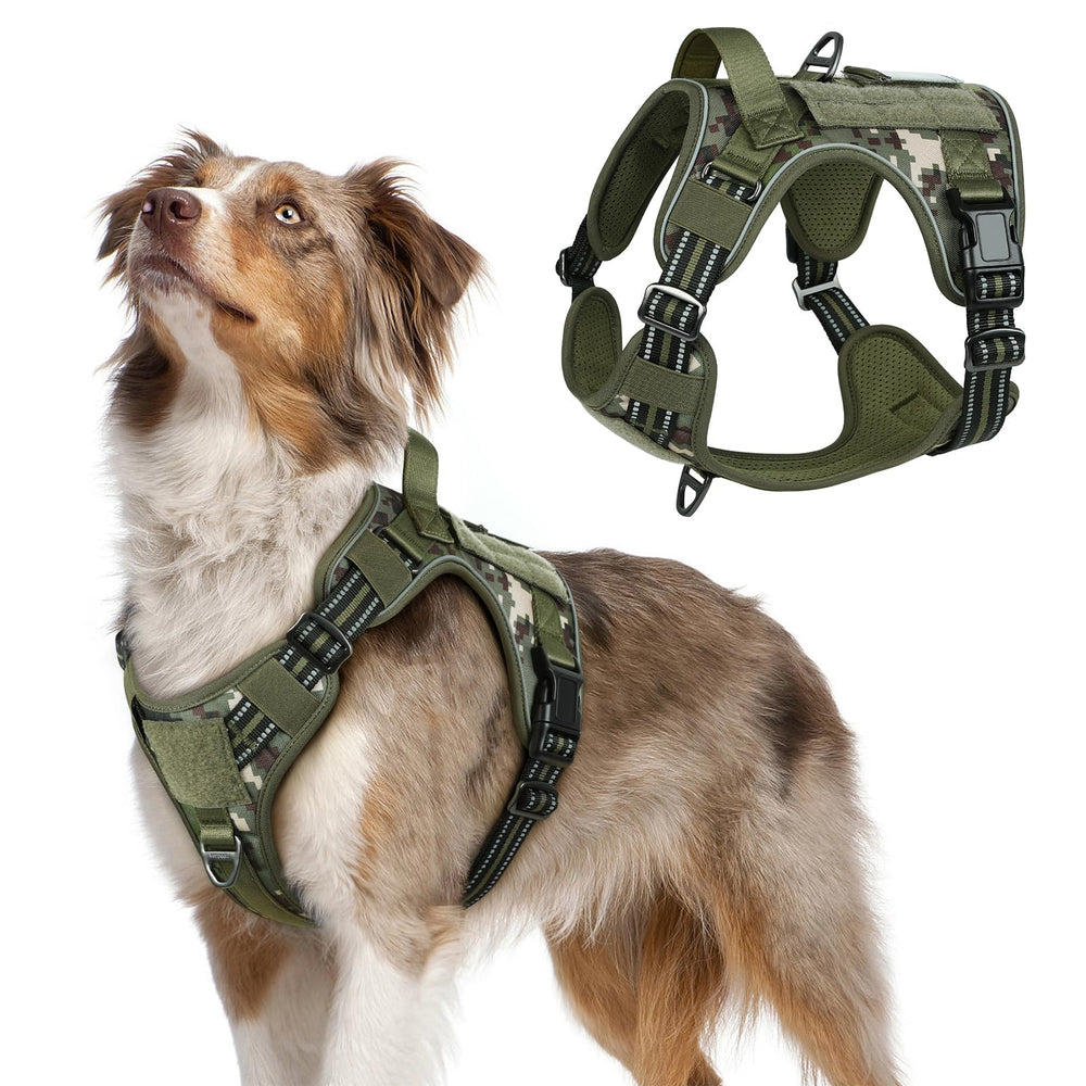 Arnés táctico Rabbitgoo para perro mediano en camo verde, cómodo y seguro.