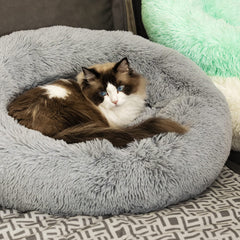 Cama Raimaiso redonda antiestrés donut gris claro, refugio suave para mascotas