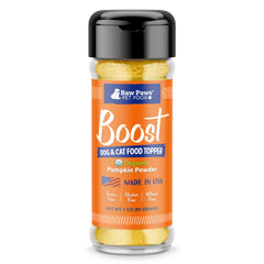 Raw Paws polvo calabaza orgánico 3oz, potenciador natural para la comida de mascotas.