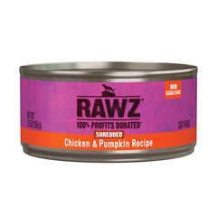 Rawz gato deshebrado pollo calabaza en lata, sabor natural para una comida completa.