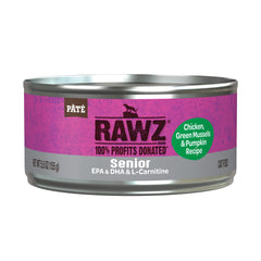 Rawz lata de pate pollo y mejillones verdes para gatos senior, nutrición sabrosa.