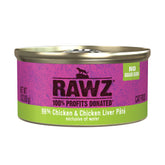 RAWZ paté en lata de pollo, vista frontal del envase, fuente de proteína real.