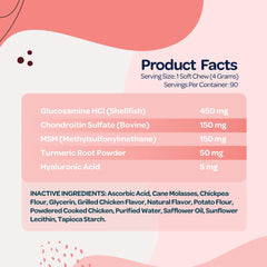 Contiene cúrcuma para sabor agradable y apoyo articular suave.