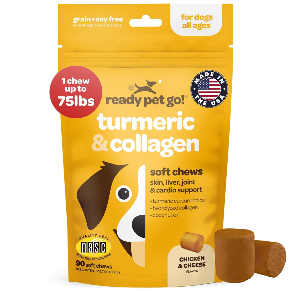 Ready Pet Go Turmeric para perros: bote de golosinas suaves que favorecen la movilidad.
