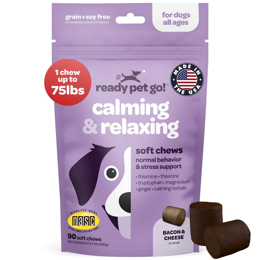 Ready Pet Go! Calming Chews, botella, promueven relajación durante el estrés.
