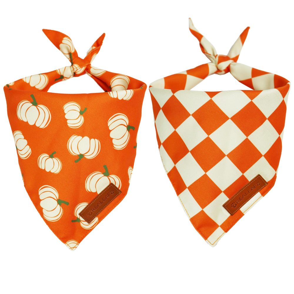 Realeaf bandana para perro con diseño otoñal de cuadros naranja, ideal para fotos.