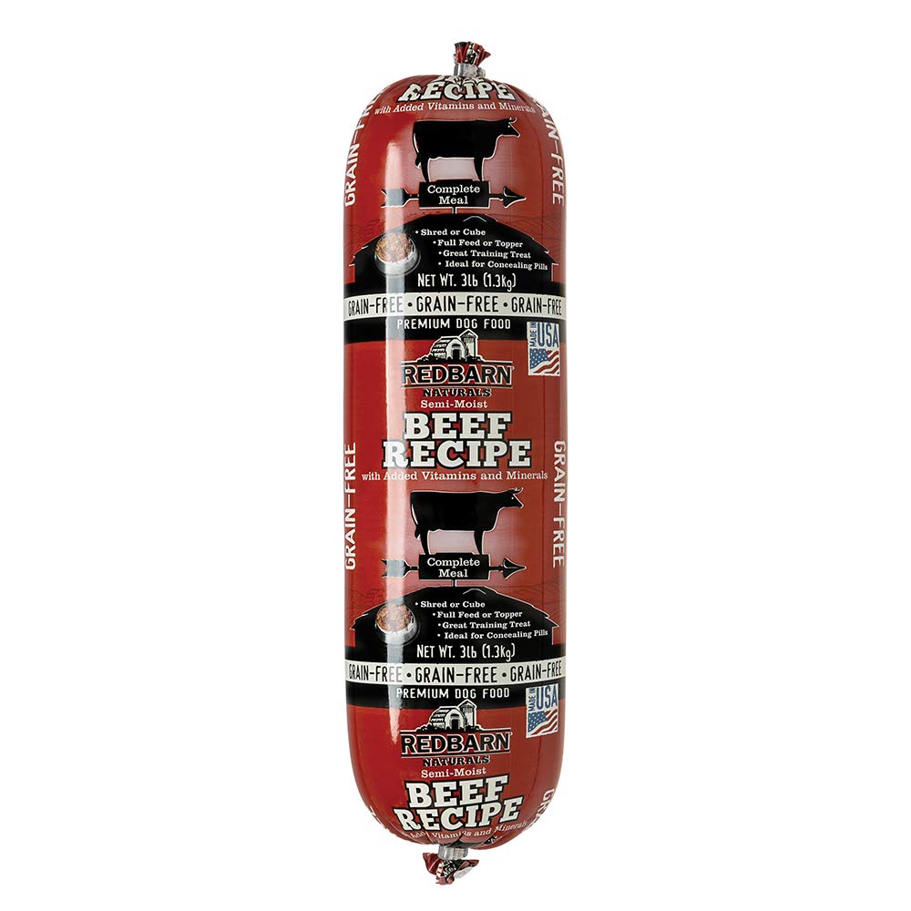 Rollo Redbarn sin granos de res para perro, porciones fáciles y alto contenido proteico.