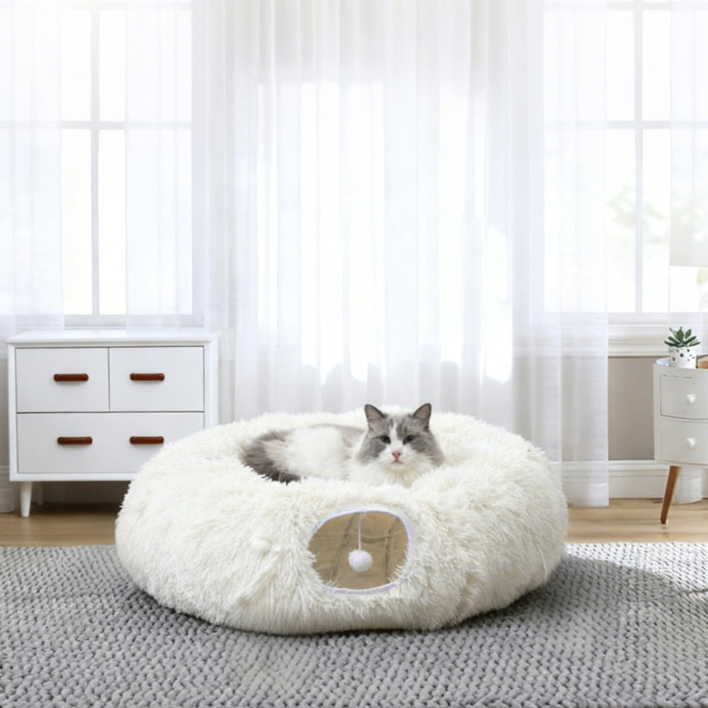 RELAXLATE gran túnel para gatos blanco, vista frontal, ideal para juego y descanso.