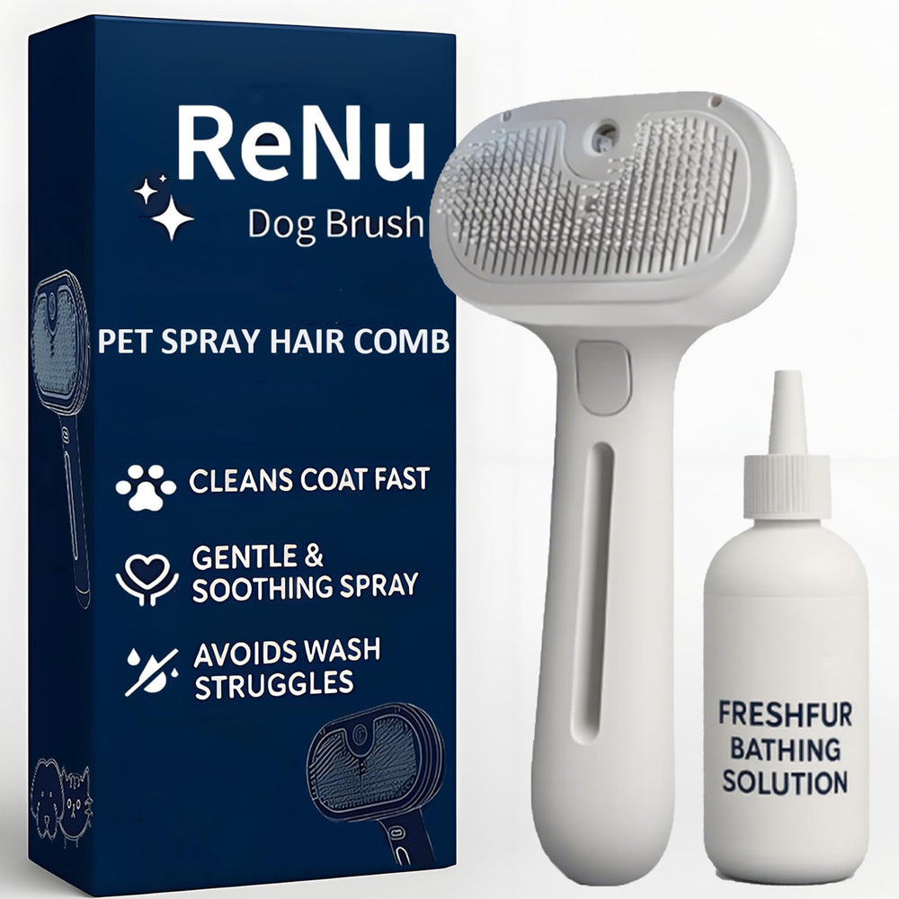 ReNu Dog Brush en el baño con espuma suave para quitar pelo suelto.