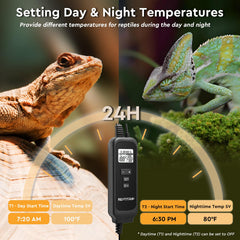 REPTITRIP termostato PID cerámico 100W, ajuste día/noche para ambientes estables.