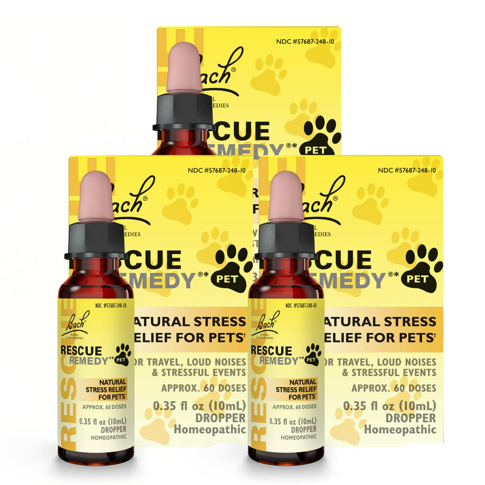 RESCUE Remedio para mascotas: gotas 10 ml, paquete de tres, uso práctico.