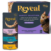 Reveal comida húmeda para gatos, envase con 12 sobres, práctico para la comida diaria.