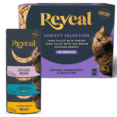 Reveal comida húmeda para gatos, envase con 12 sobres, práctico para la comida diaria.