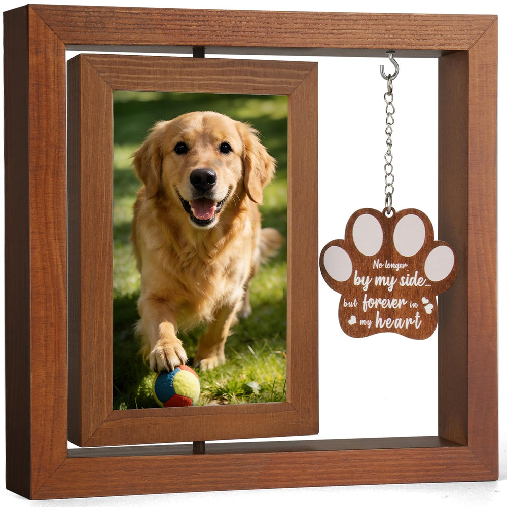 Marco memorial para perro de Ricalin con rotación 360°, muestra dos fotos 4x6 para recordar.