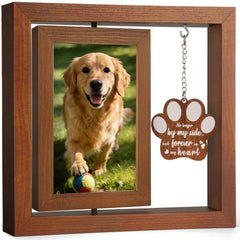 Marco memorial para perro de Ricalin con rotación 360°, muestra dos fotos 4x6 para recordar.