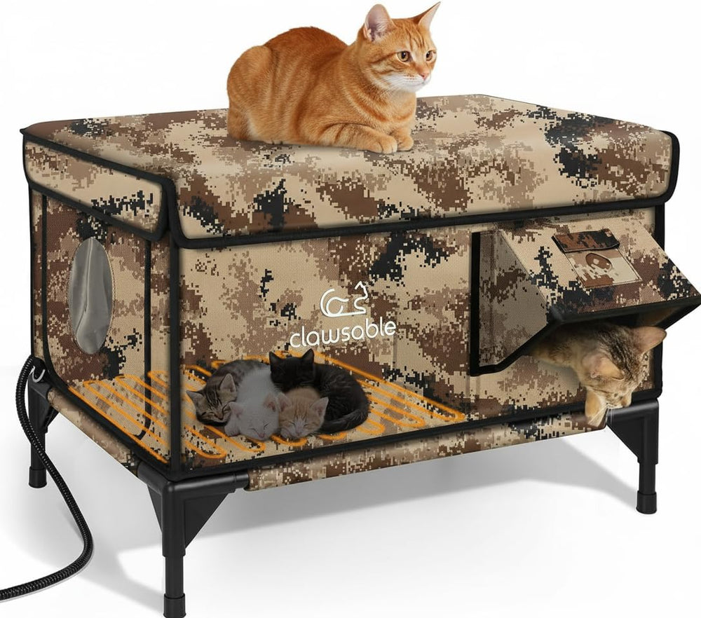 Rolimate casa-gato-caliente-exterior-desértico-camuflaje refugio cálido para gatos al aire libre.
