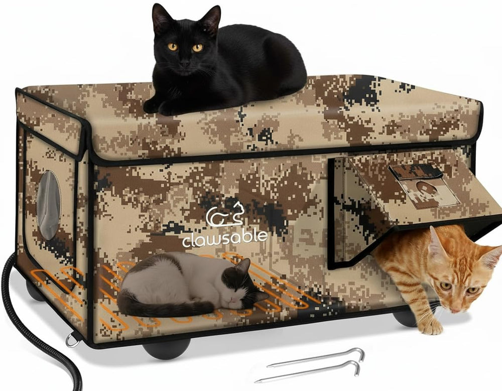 Rolimate casa para gatos con calefacción indestructible en camuflaje desierto, refugio cómodo para exterior.