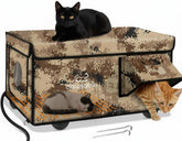 Rolimate casa para gatos con calefacción indestructible en camuflaje desierto, refugio cómodo para exterior.