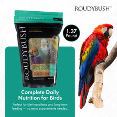 Roudybush pellets sin colorantes para aves, fórmula limpia para cuidado diario.