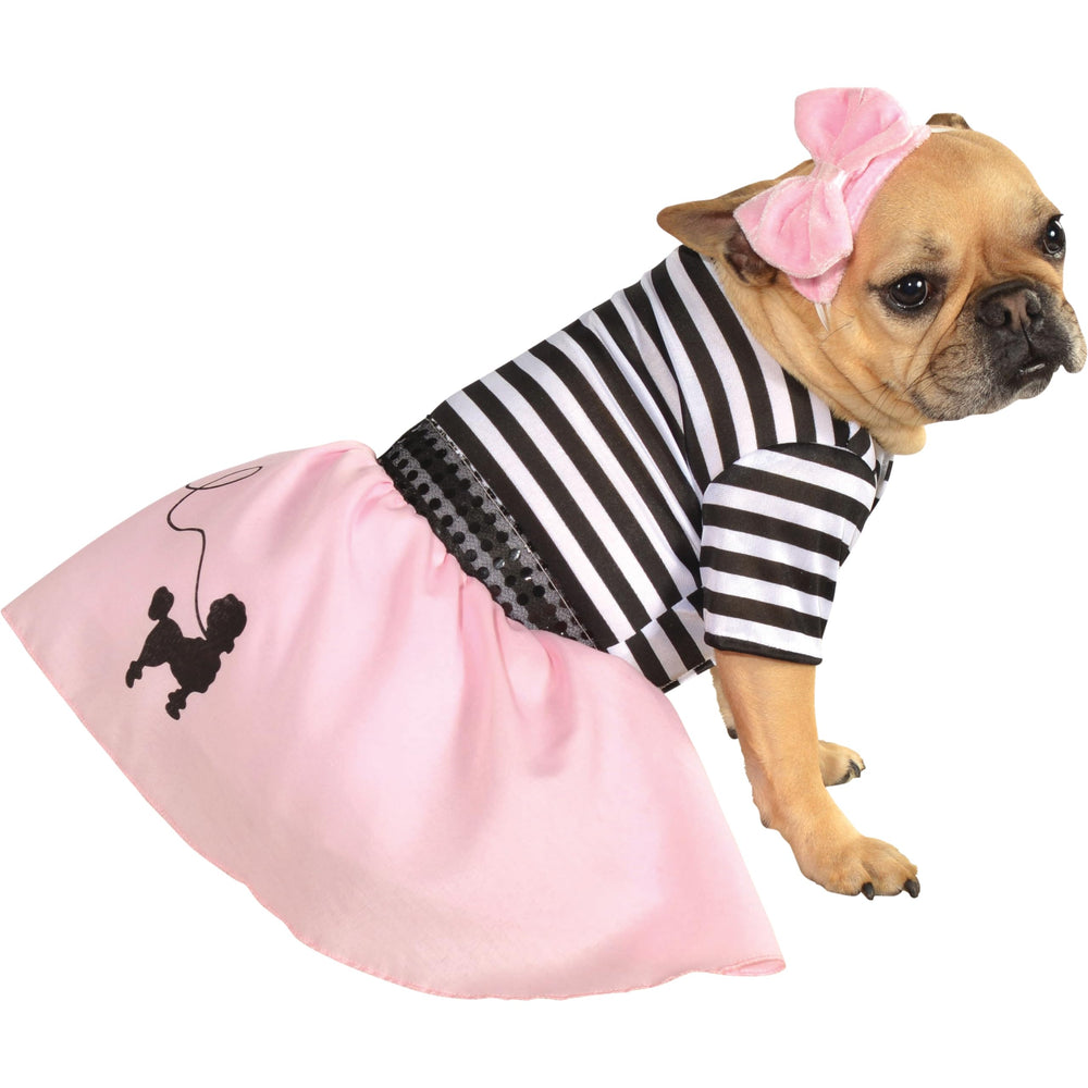 Disfraz Rubies de los años 50 para mascota con vestido listrado, ideal para fiestas.