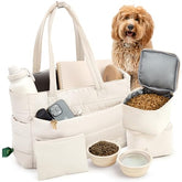 Rubyloo Puffer bolsa para perros beige, ideal para viajar y mantener todo en orden.