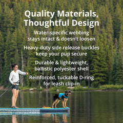 Ruffwear Float Coat destaca el asa de elevación para subir a la embarcación.