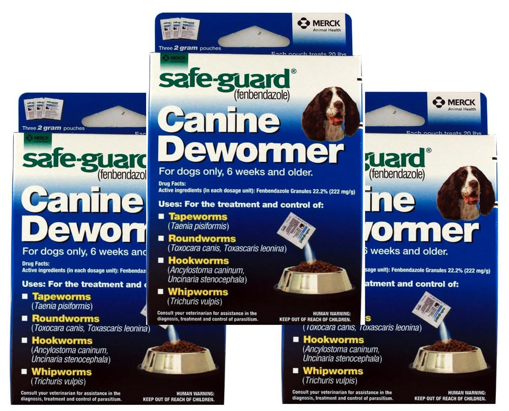 Safe-Guard desparasitante canino, envase; granulado fácil de mezclar en la comida.