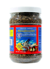 Gusanos de sangre liofilizados de San Francisco Bay Brand para alimentación de peces en acuario.