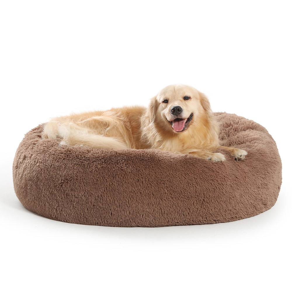 Cama donut de SAVFOX para perro con felpa cálida y soporte para cabeza para descanso relajante.