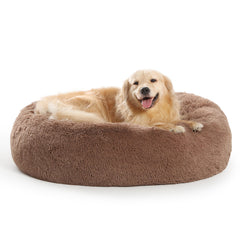 Cama donut de SAVFOX para perro con felpa cálida y soporte para cabeza para descanso relajante.