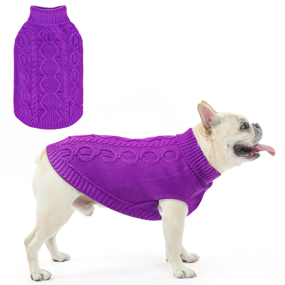 SCENEREAL suéter de punto para perro pequeño morado, mostrado de frente para paseos invernales