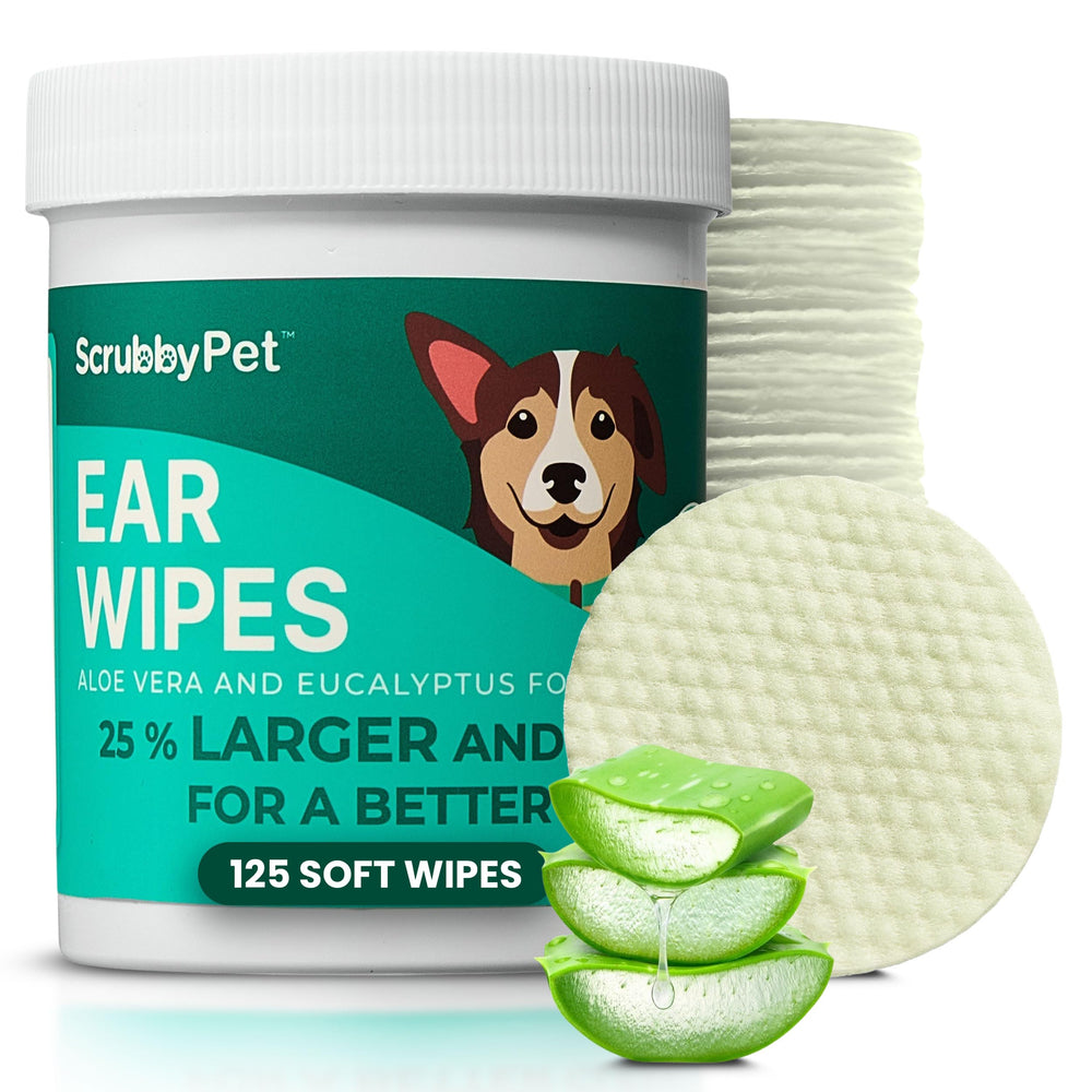 Scrubby Pet toallitas para orejas con textura perla para limpieza suave y profunda.