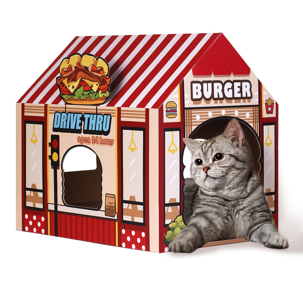 SEKAM: casa de gatos de cartón con diseño hamburguesería, refugio y juego