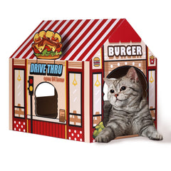 SEKAM: casa de gatos de cartón con diseño hamburguesería, refugio y juego