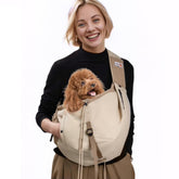 SENIOR BUDDAY portador de perro beige, práctico para viajes sin manos.