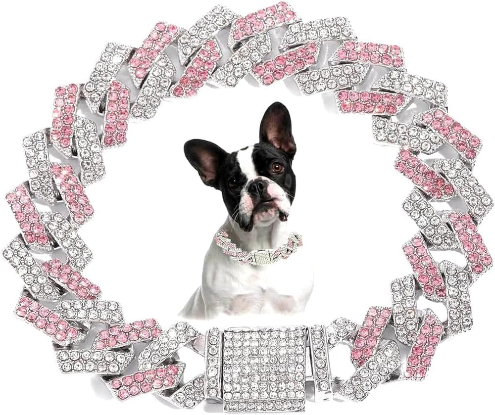 Serijoars collar diamante para perros, cadena cubana rosa, brillo para paseos con estilo