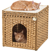 SETVSON casa-gato-cueva-doble en mimbre natural, refugio cómodo para felinos.