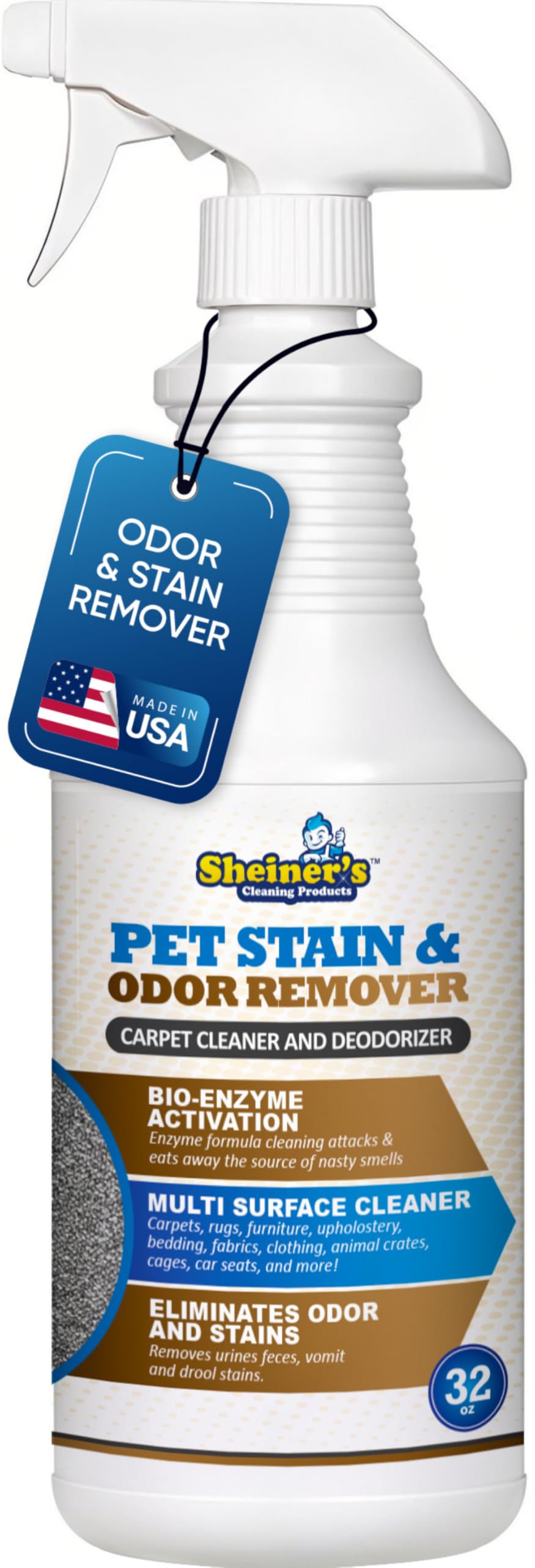 Sheiner's Remover de Manchas para Mascotas, botella lista para uso en manchas difíciles.